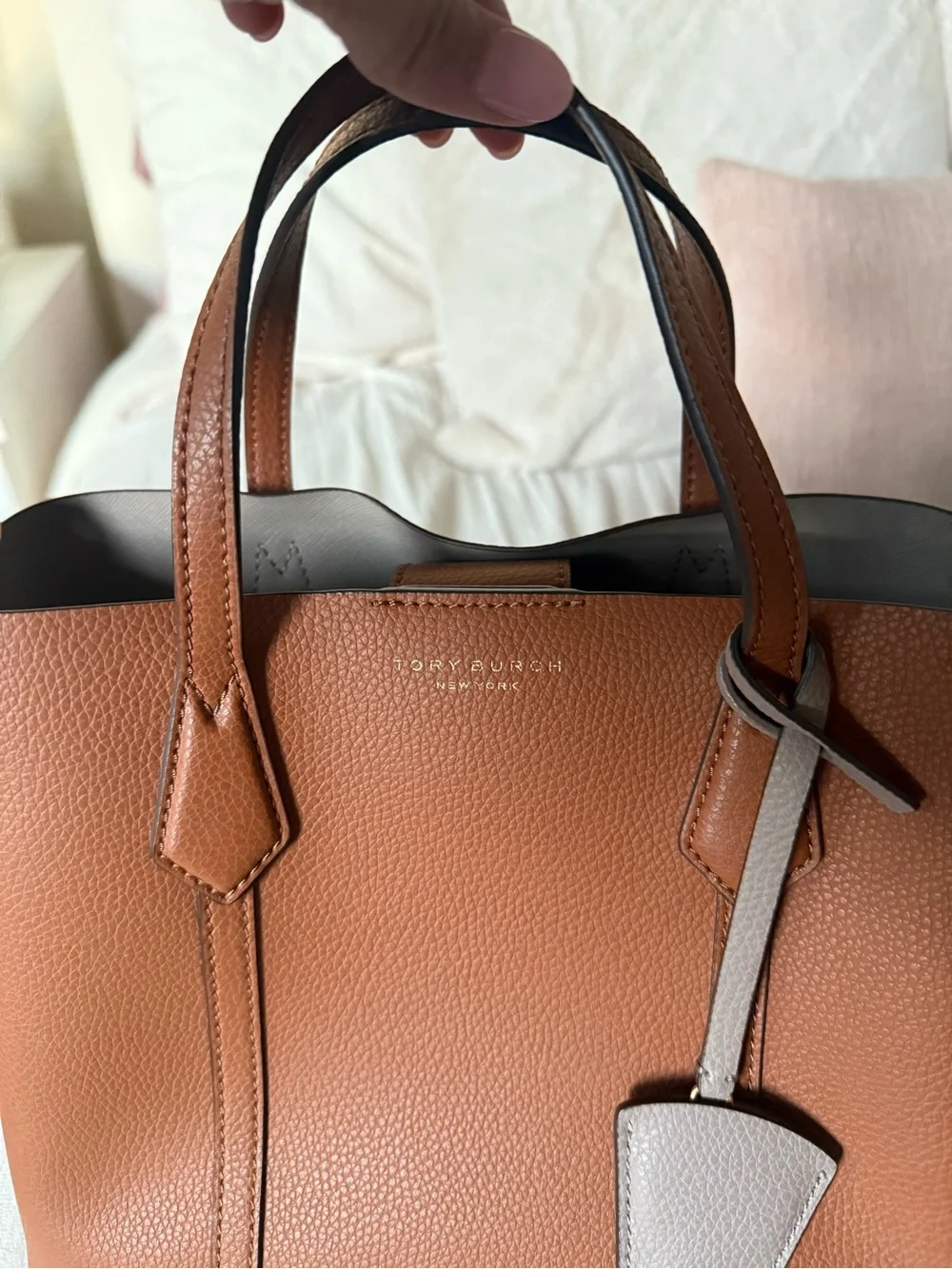 Tory Burch Cognac Leather Shoulder Tote with Taupe Trim